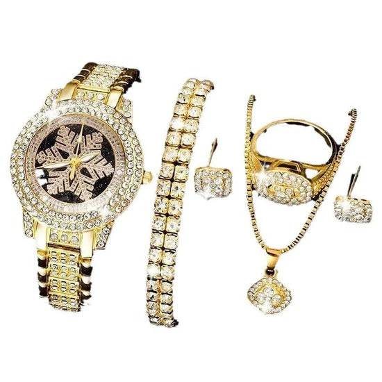 ❄💎 Snowflake Luxury Rhinestone Watch ✨ 5-Piece Elegant Jewelry Set 👑⌚